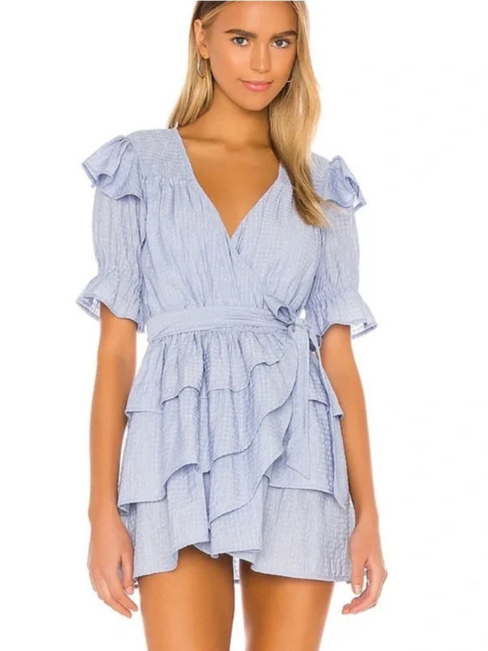 Tularosa Revolve Light Sky Blue Ruffle Wrap Tie Mini Dress Bohemian